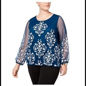 Alfani Plus Size Embroidered Mesh-Sleeve Blouse